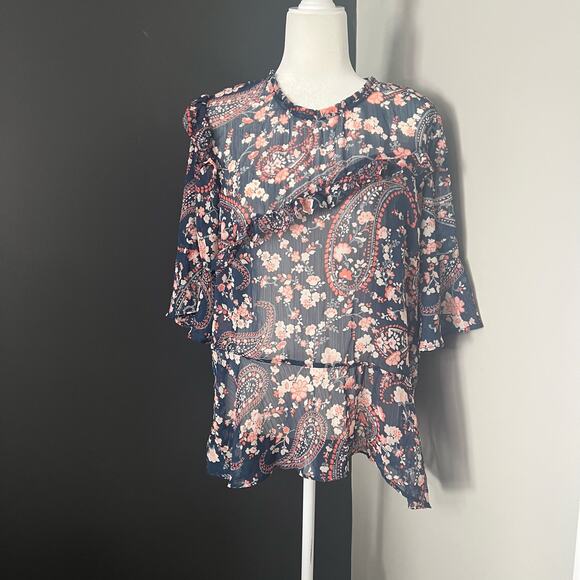Kate and Mallory Woman’s Blue Sheer Floral Paisley 3/4 Sleeve Blouse- Size XL - Picture 1 of 13